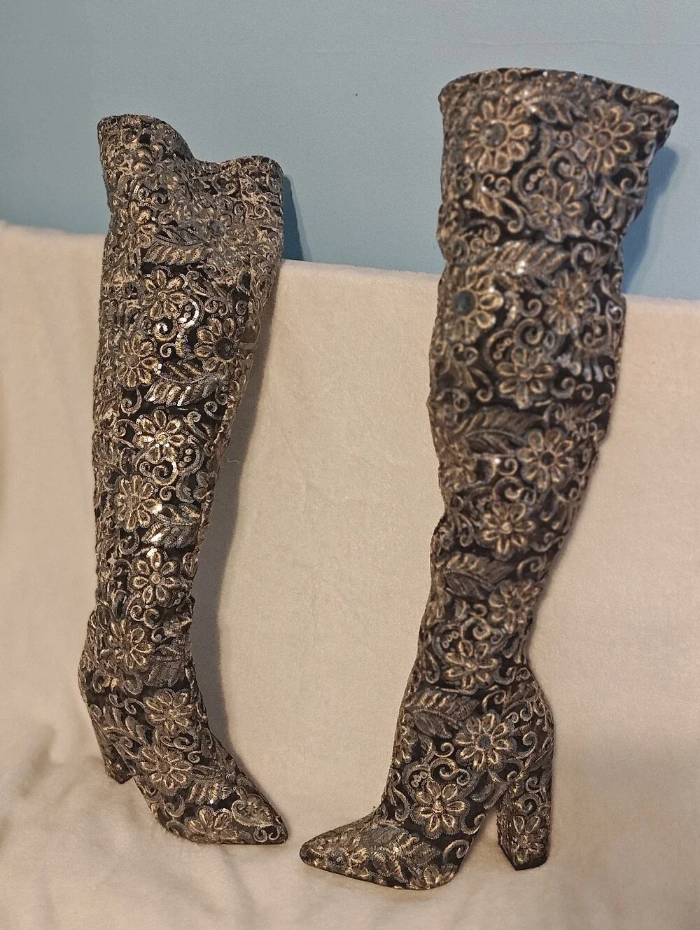 Womens Over-the-Knee Embroidered Floral Boots - Black and Gold